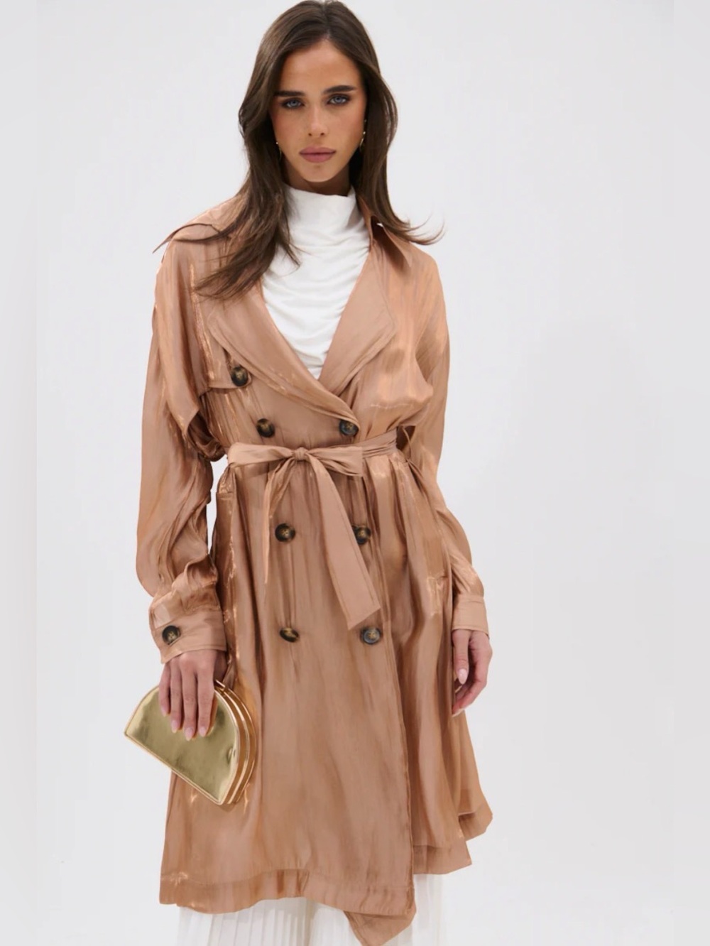 AKIRA Metallic Rose Gold Double-Breasted Trench Coat